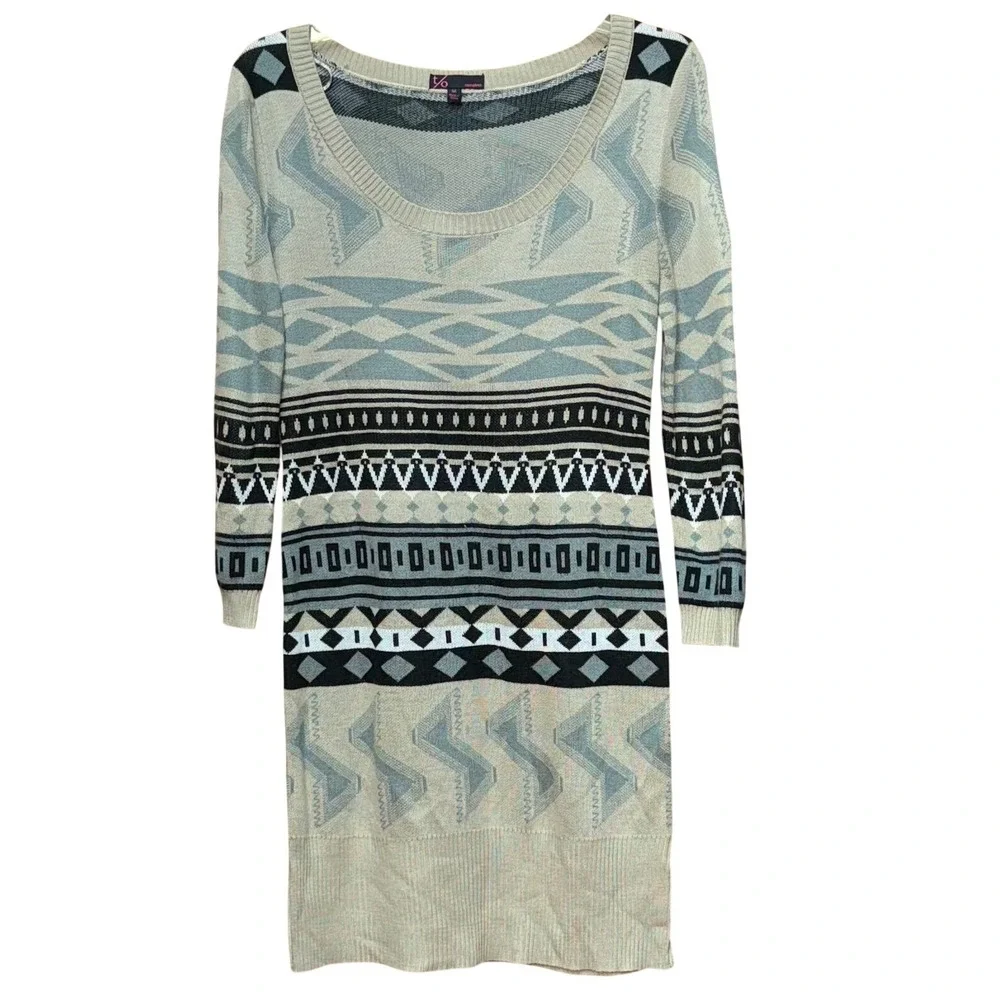 T/O Women's M Aztec Tribal Long Sleeve Knit Pullover Sweater Dress Boho Bodycon